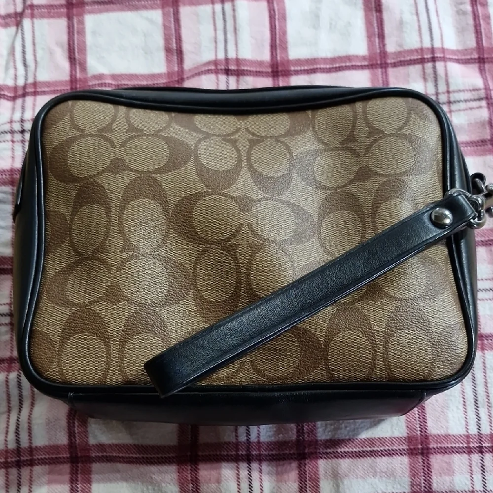 Coach Tan and Black Wristlet with Red Accent - Picture 2 of 6